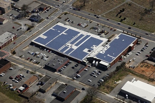 panelclawair An aerial view of the York-Chester Plaza in Gastonia, N.C. PanelClaw racking supports the solar installation.