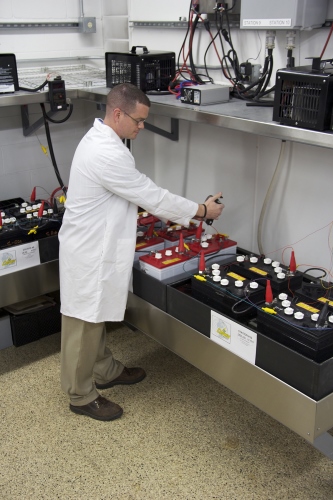 An on-site lab tests batteries to ensure performance and consistency. -Photo courtesy of Crown Battery Manufacturing, Inc.