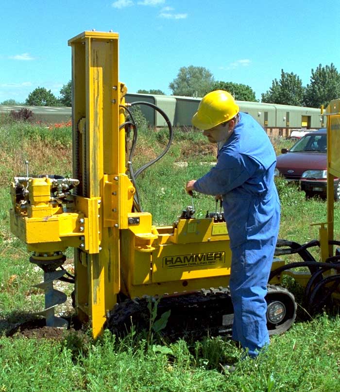 Helical piles and micropiles work well in compression and tension applications and are ideally suited for solar array anchoring. Loose materials and overburden can be drilled effectively with augers. Photo courtesy of Hammer Drilling Rigs
