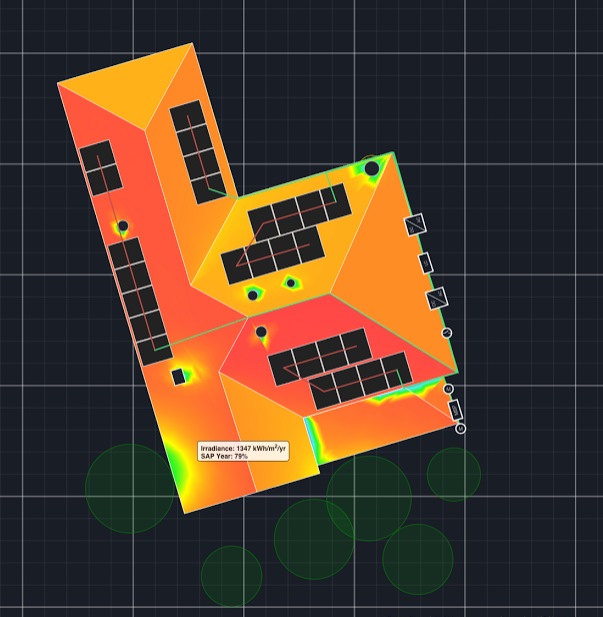 A solar irradiance simulation from the Aurora Solar design software. 