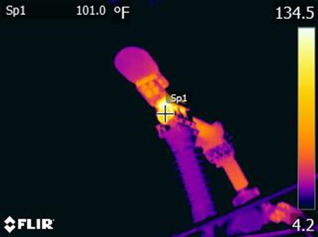 This IR image shows a loose or damaged connection in a substation.