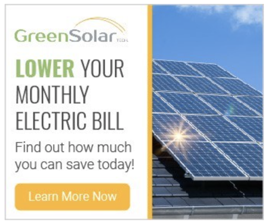 Eine Solar-Facebook-Anzeige von Greensolar. Der Text lautet "Senken Sie Ihre monatliche Stromrechnung - finden Sie heraus, wie viel Sie heute sparen können".